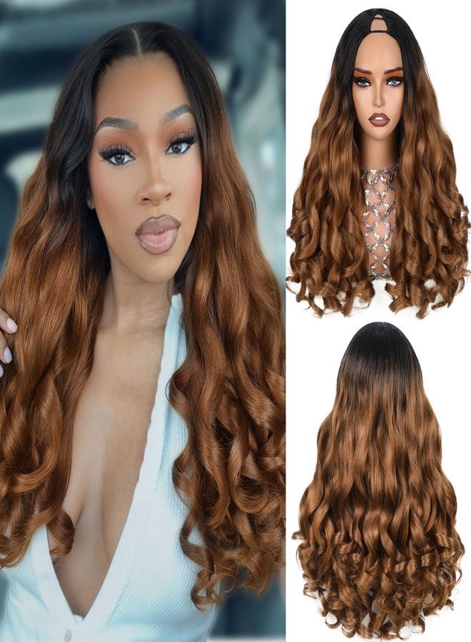 HANNE Yaki Curly V Part Wig U Part Synthetic Half wigs for Black Women 22 Inch Heat-Resistant Hair Replacement Wig (Ombre Brown) - Image 1